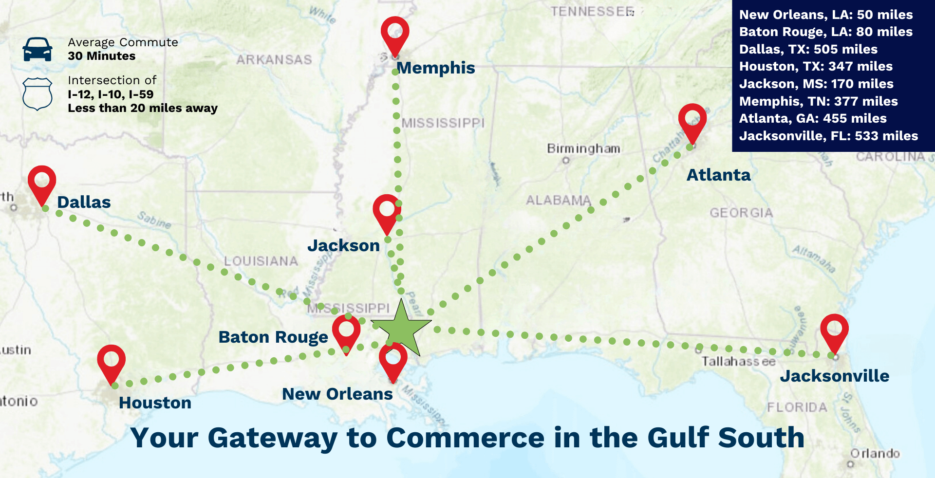 A map showing the strategic business connectivity points in the St. Tammany area.